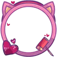 a pink cat ear frame with hearts and a hammer in it