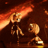 a couple of cartoon characters standing next to each other in a dark room