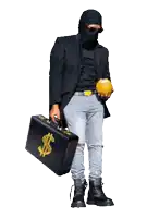 a man holding a purple ball and a black briefcase with a dollar sign on it
