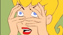 a cartoon girl is covering her eyes with her hands and making a funny face .