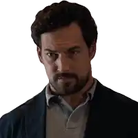 a man with a beard is wearing a blue jacket and grey shirt