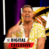 a man in a yellow and white shirt is giving a thumbs up in front of a sign that says digital exclusive