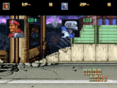 a video game screen shows a man standing in front of a building with a sign that says coi on it