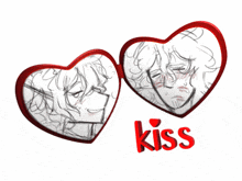 a drawing of two hearts with the word kiss in red