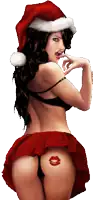 a woman wearing a santa hat and a red skirt has a tattoo on her butt