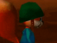 a cartoon squirrel wearing a green hat and a blue shirt is standing in a room .