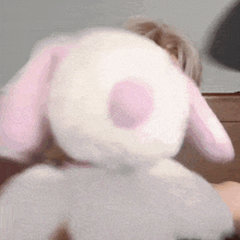 a person is holding a stuffed animal that looks like a bunny with pink ears .