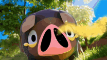 a cartoon pig with a big pink nose is standing in a field