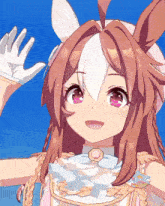 a close up of a cartoon character with long brown hair and pink eyes