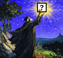 a painting of a wizard with a question mark in the corner