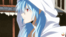 a blue haired anime character with red eyes and a white hood
