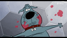 a cartoon dog with blood on his face and a bone tag that says bull