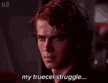 a close up of a man 's face with the words `` my truecel struggle '' written next to him .