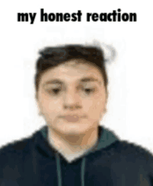 a young man in a hoodie is making a funny face with the words `` my honest reaction '' .