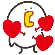 a cartoon chicken with a yellow beak is holding two red hearts in its hands .