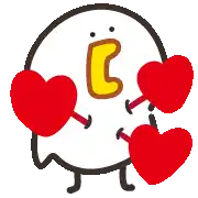 a cartoon chicken with a yellow beak is holding two red hearts in its hands .