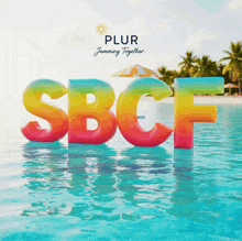 the word sbfc is floating in the water with palm trees in the background