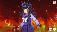 a girl in a sailor hat is standing in front of a fire with the word auto on the bottom right