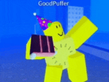 a yellow roblox character wearing a party hat and holding a piece of cake .
