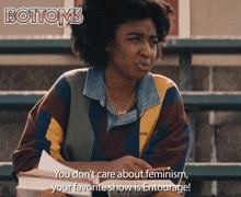 an advertisement for bottoms features a woman sitting on a bench