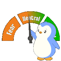 a cartoon penguin is holding a gauge that shows fear and neutral