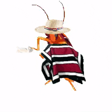 a bug wearing a straw hat and a poncho is walking across a white background .