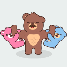 a brown bear with a mustache is holding a pink and blue teddy bear