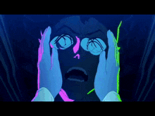 a cartoon drawing of a man and woman kissing with glowing green lines on their faces