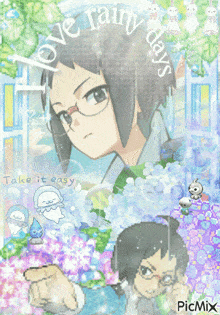 a picture of a boy with glasses and the words love rainy days on it