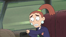 a cartoon character is sitting in the back seat of a car with a sad look on her face