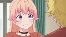 a girl with pink hair and purple eyes is crying in front of a boy