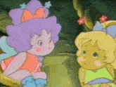 a cartoon girl with purple hair is talking to a girl with blonde hair