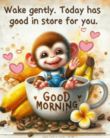 a monkey is sitting in a cup of coffee with the words good morning