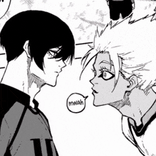 a black and white drawing of two anime characters looking at each other with a circle that says mwah on it .