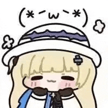 a cartoon girl wearing a hat and a scarf is making a funny face .