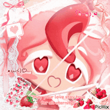 a picture of a girl with hearts on her face and the words may your love stay true for all eternity