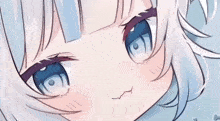 a close up of a cute anime girl 's face with blue eyes and white hair .