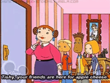 a cartoon of a woman saying " tishy your friends are here for apple cheese " in front of a group of children