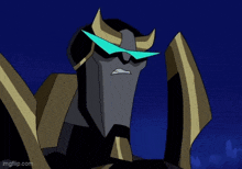 a close up of a robot with blue eyes and horns