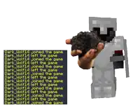 a screenshot of a minecraft character holding a pile of dirt with the words dark_wolf14 joined the game below it