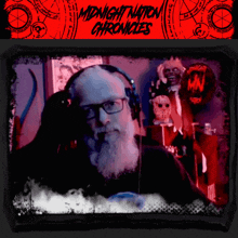 a poster for midnight nation chronicles shows a man with a beard and headphones