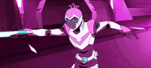 a cartoon character in a pink and white suit is standing in front of a purple background .