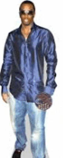 a man wearing a blue shirt and blue jeans is standing on a white background .
