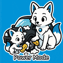 a cartoon of two foxes washing a car with the words power mode below