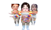 three dolls are standing next to each other with their faces painted on their bodies