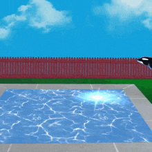 a swimming pool with a red fence and a whale in the background