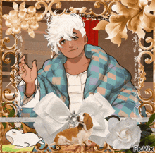 a picture of a man in a robe with a dog and flowers with picmix written on the bottom