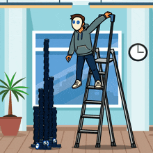 a cartoon of a man standing on a ladder