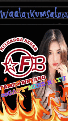 a woman is standing in front of a logo that says keluarga besar
