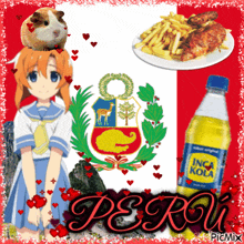a girl with a guinea pig on her head and a bottle of inca kola